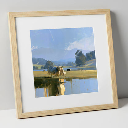 Highland Cattle Lakeshore Reflections lake district wildlife art print in natural frame