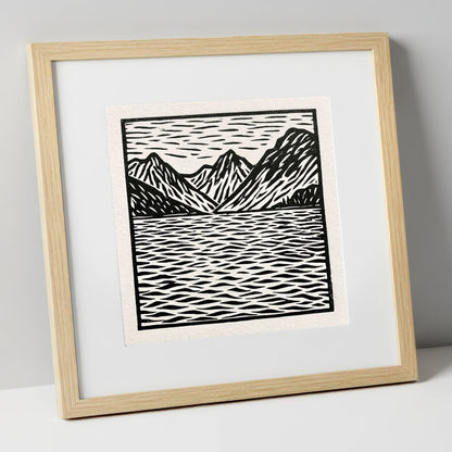 Monochrome Fells and Lake Reflections lake district lake art print in natural frame