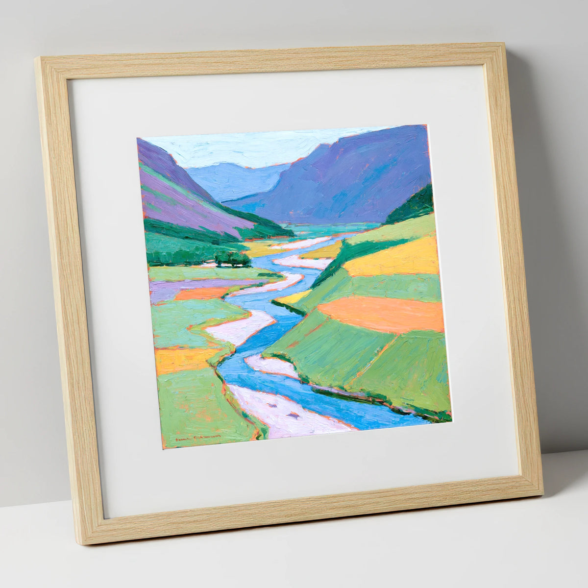 Vibrant Winding River Valley lake district waterfall art print in natural frame