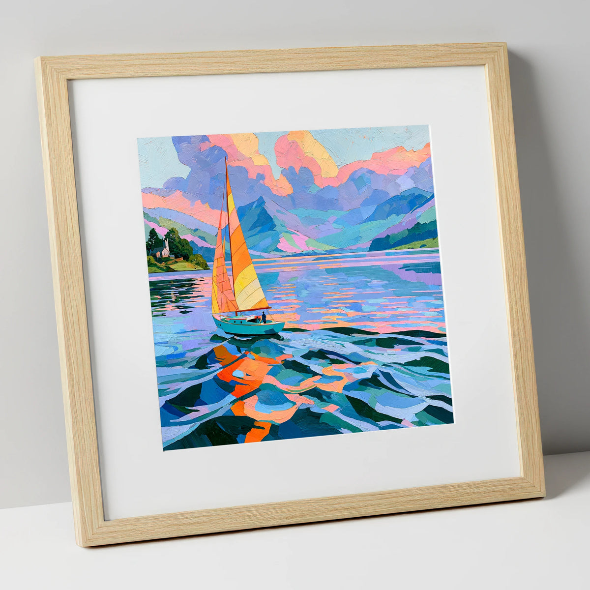 Vibrant Sailboat on Breezy Lake lake district walking art print in natural frame