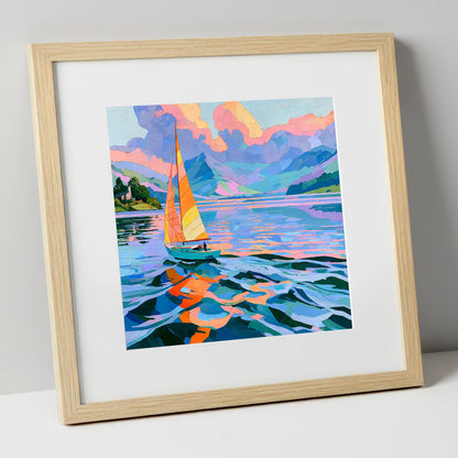 Vibrant Sailboat on Breezy Lake lake district walking art print in natural frame