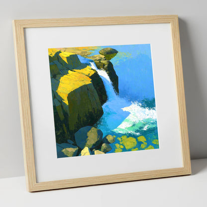 Sunlit Cascade over High Fell Rocks lake district waterfall art print in natural frame