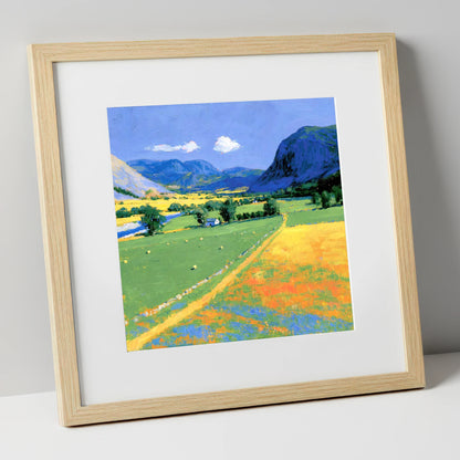 Vibrant Valley beneath Blue Fells lake district valley art print in natural frame