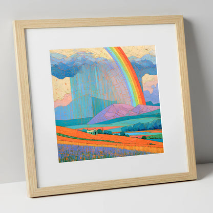 Lakeland Cottage Beneath Vivid Rainbow lake district sky art print in natural frame