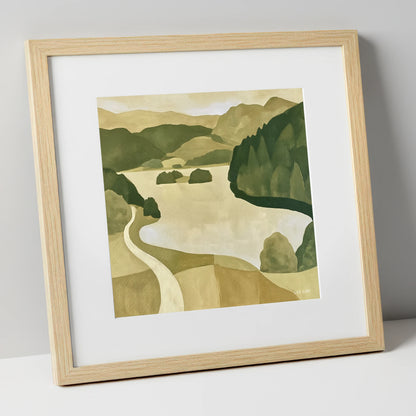 Winding Path at Rydal Water lake district lake art print in natural frame