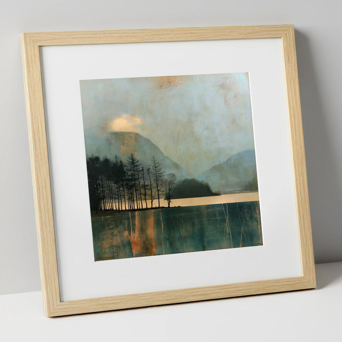 Grasmere Island in Teal and Gold lake district lake art print in natural frame