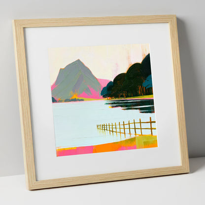 Vibrant Pink Shores Of Buttermere lake district lake art print in natural frame