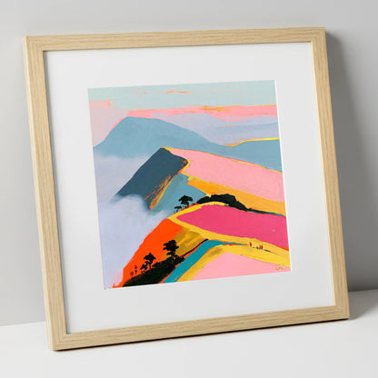 Vivid Misty Fell Ridge lake district fell art print in natural frame