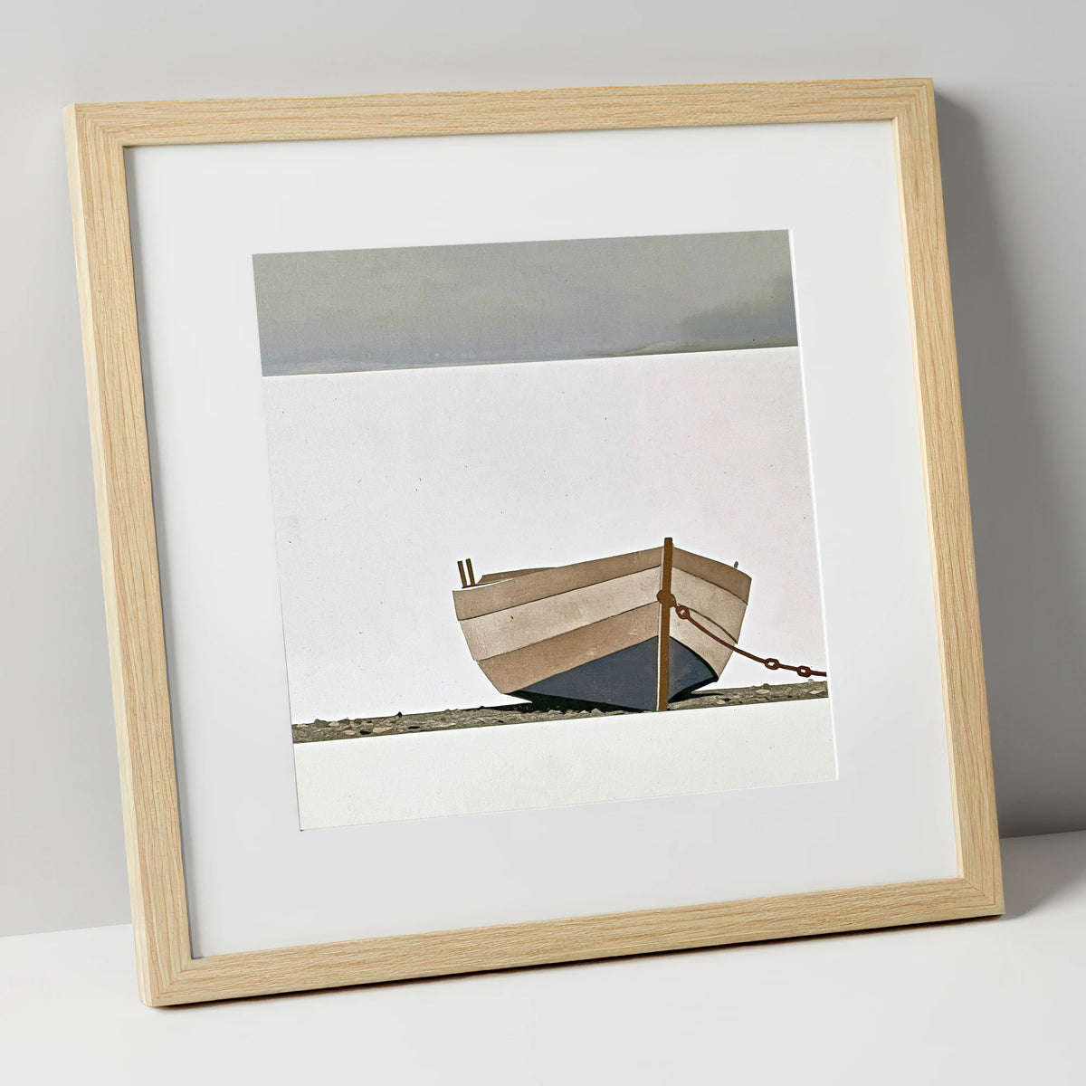 Grounded Clinker Boat Windermere lake district lake art print in natural frame