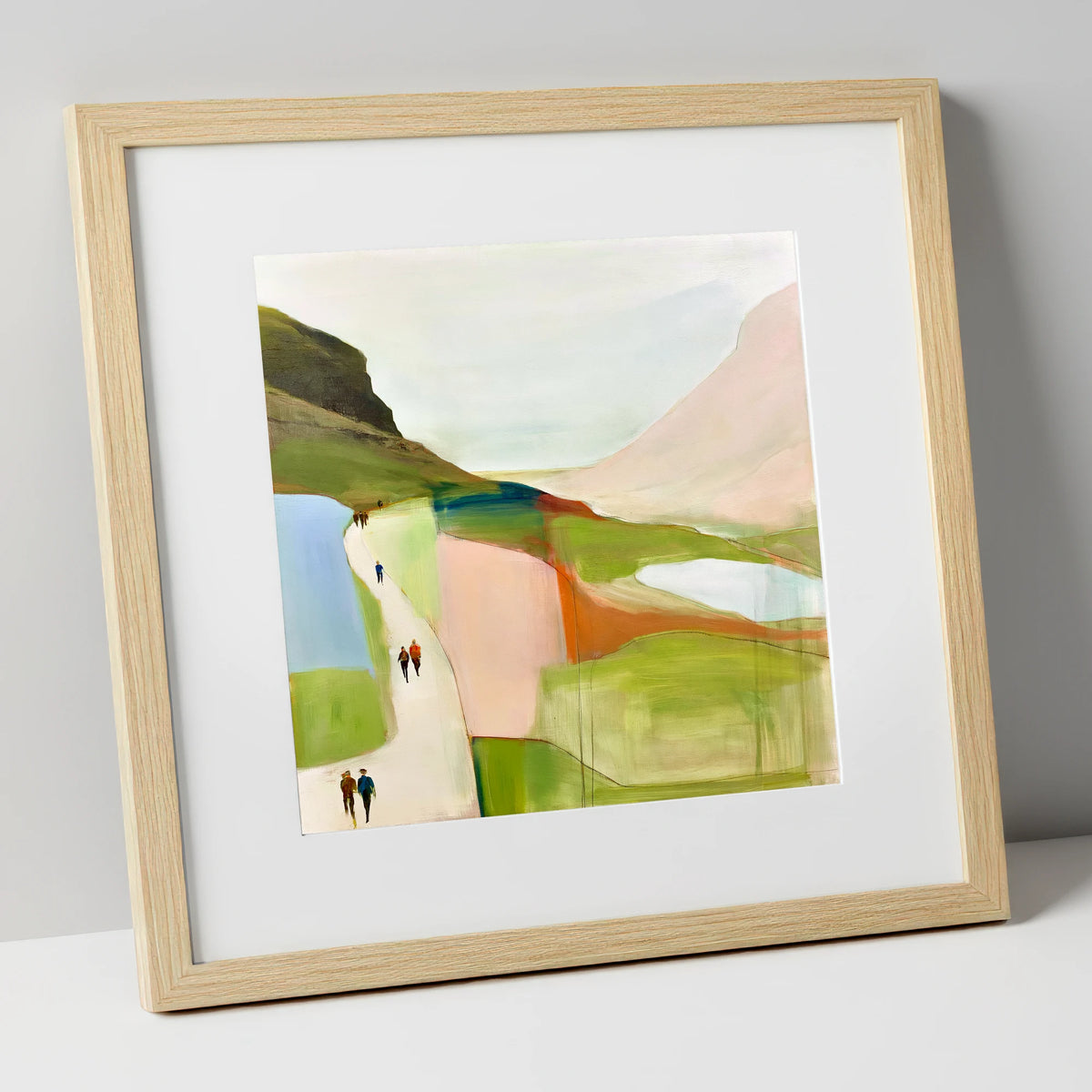 Walkers on a Bright Mountain Path lake district walking art print in natural frame