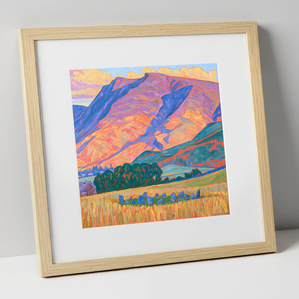 Vibrant Blencathra and Standing Stones lake district fell art print in natural frame
