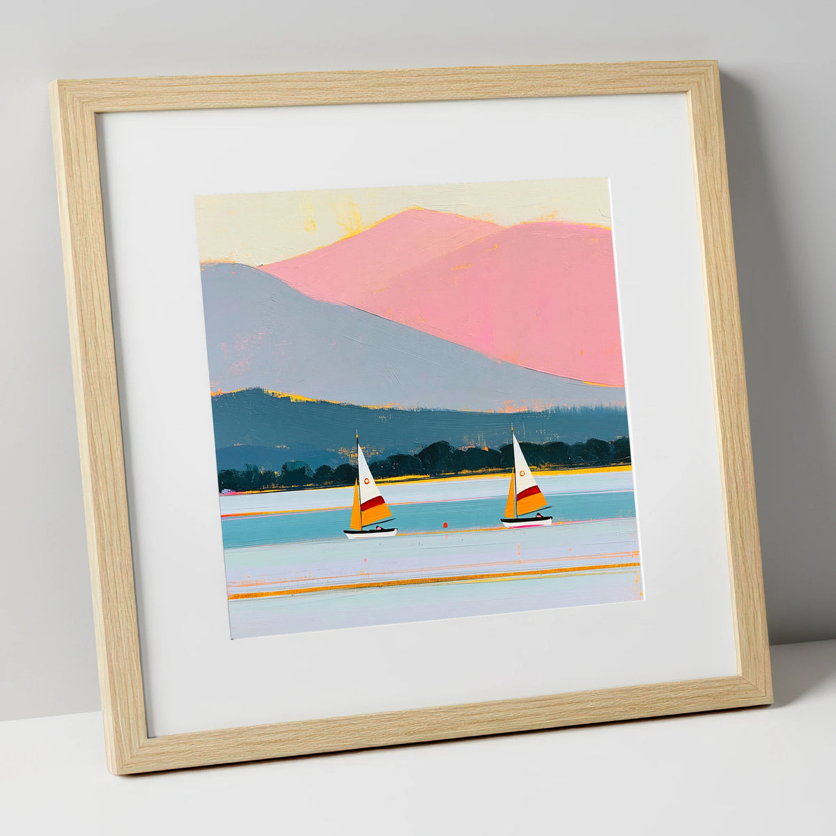 Windermere Sailboats and Pink Fells lake district lake art print in natural frame