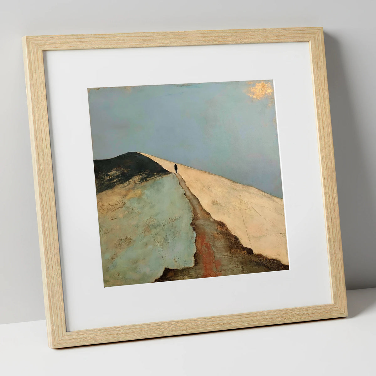 Silhouetted Walker on Striding Edge lake district walking art print in natural frame