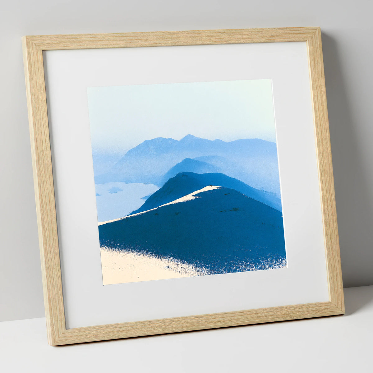 Fell Summit in Deep Blue lake district fell art print in natural frame