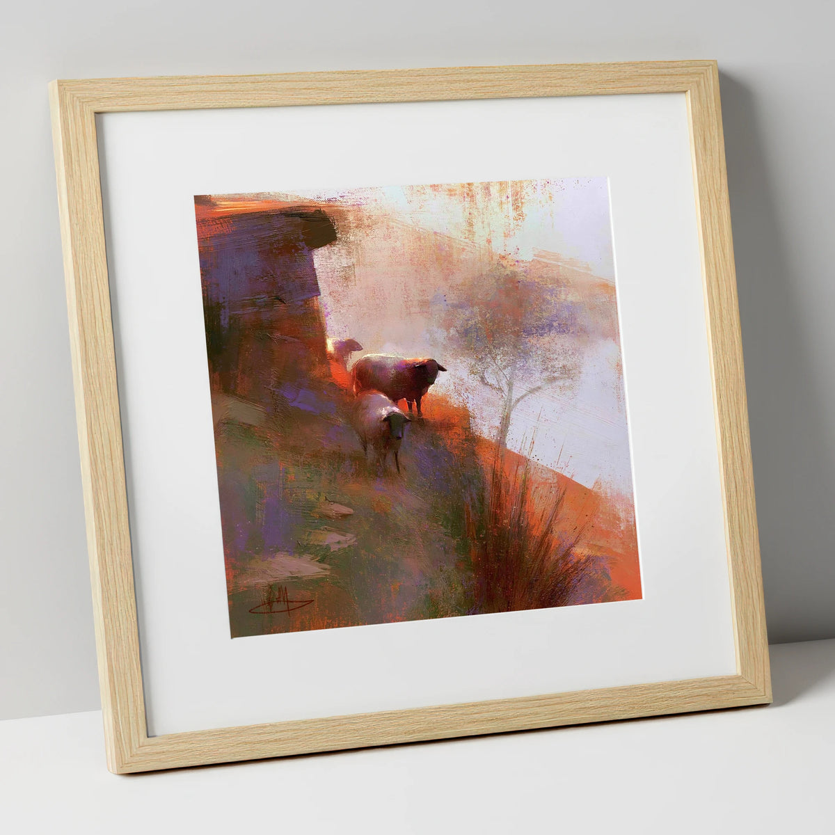 Herdwick Sheep on Sunlit Fellside lake district wildlife art print in natural frame