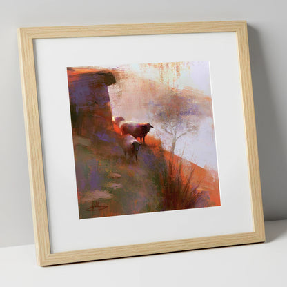 Herdwick Sheep on Sunlit Fellside lake district wildlife art print in natural frame