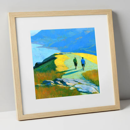 Fell Walkers on a Sunlit High Ridge lake district fell art print in natural frame