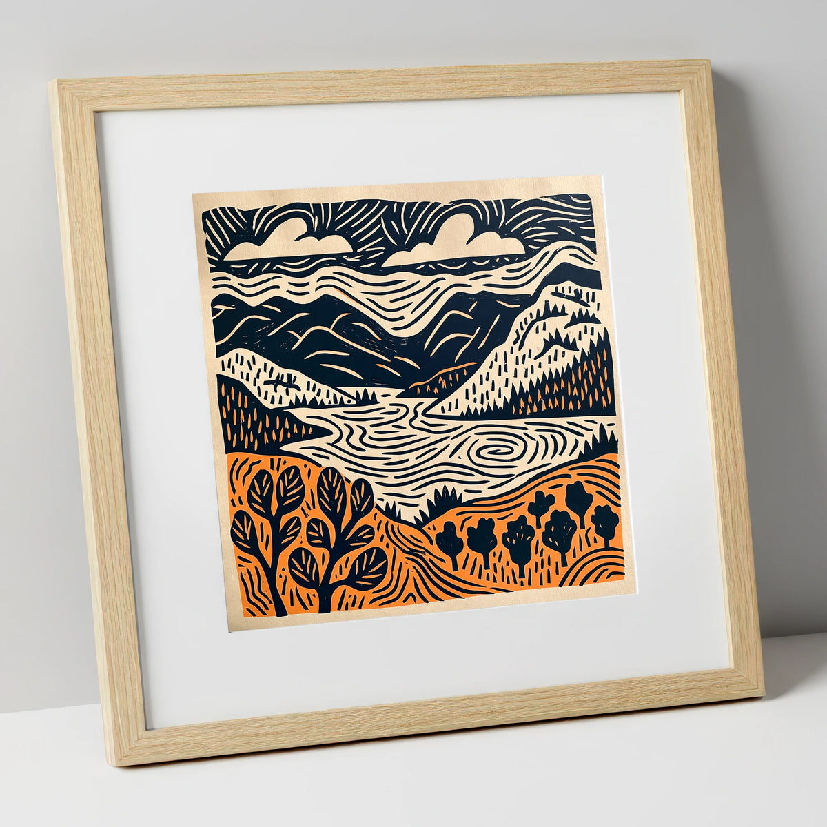 Winding Lake and Terracotta Fells lake district lake art print in natural frame