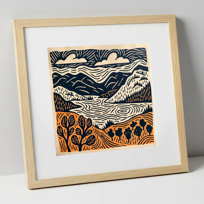 Winding Lake and Terracotta Fells lake district lake art print in natural frame