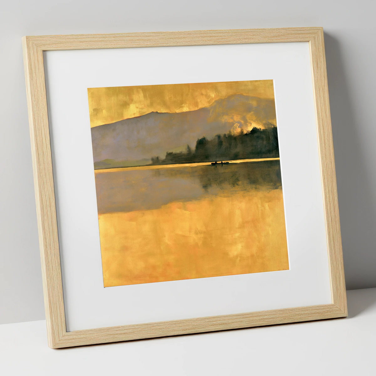 Still Lake in Golden Dawn lake district lake art print in natural frame