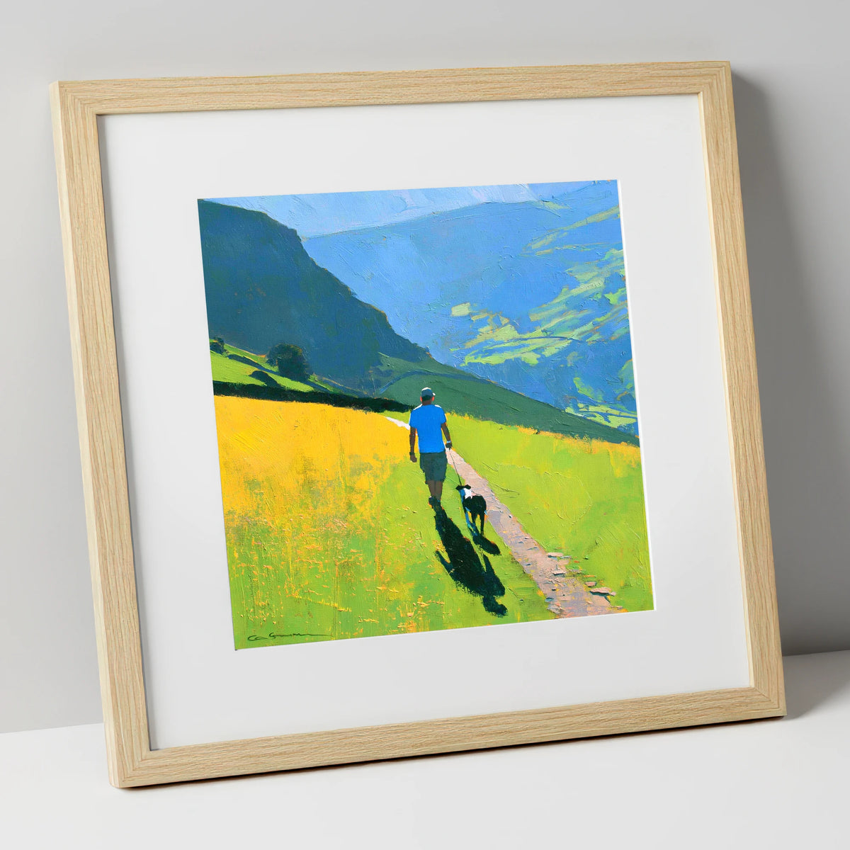 Sunlit Dog Walk Above Patterdale gifts for dog walkers art print in natural frame