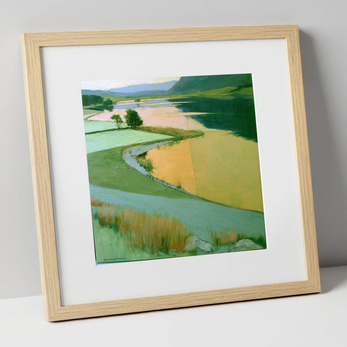 Lake and Golden Valley Fields lake district lake art print in natural frame
