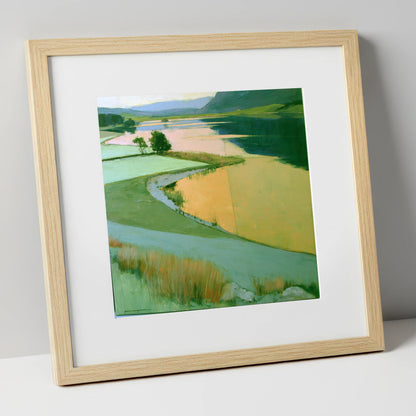 Lake and Golden Valley Fields lake district lake art print in natural frame
