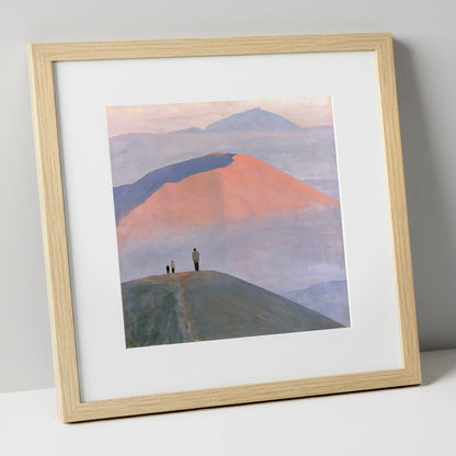 Hikers on a Pastel Fell Top lake district fell art print in natural frame