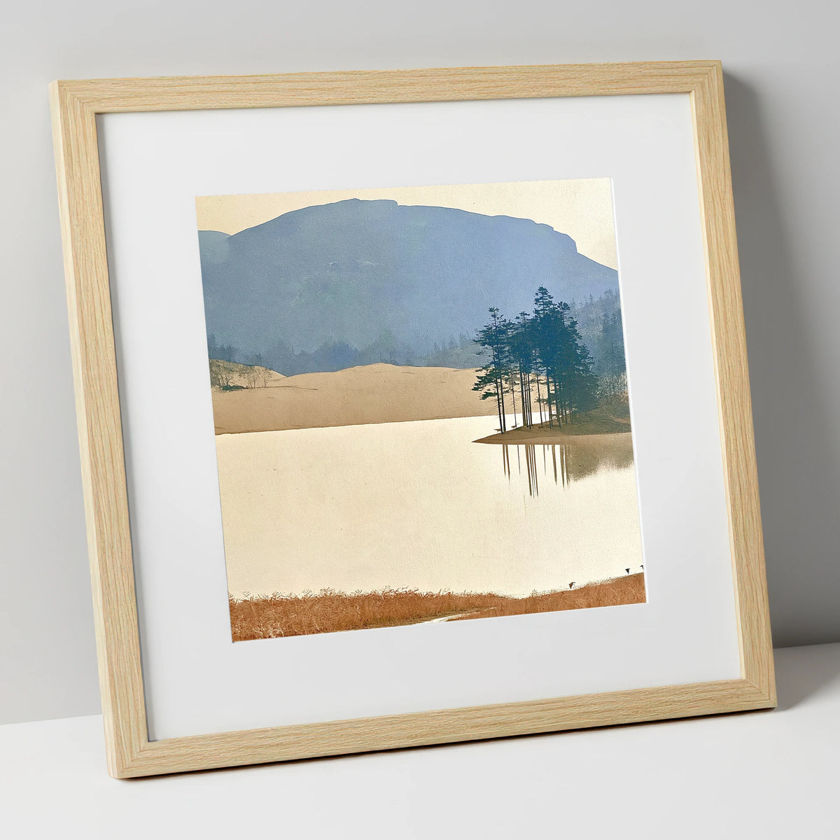 Reflected Pines at Tarn Hows lake district lake art print in natural frame