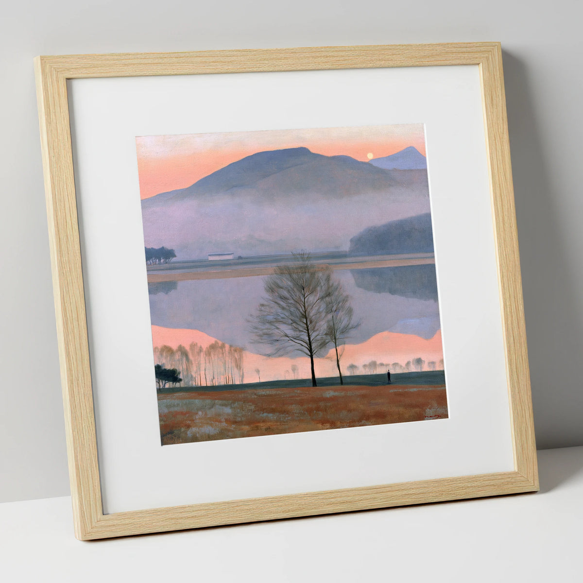 Lake Reflection in Pink Twilight lake district lake art print in natural frame