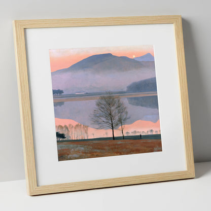 Lake Reflection in Pink Twilight lake district lake art print in natural frame