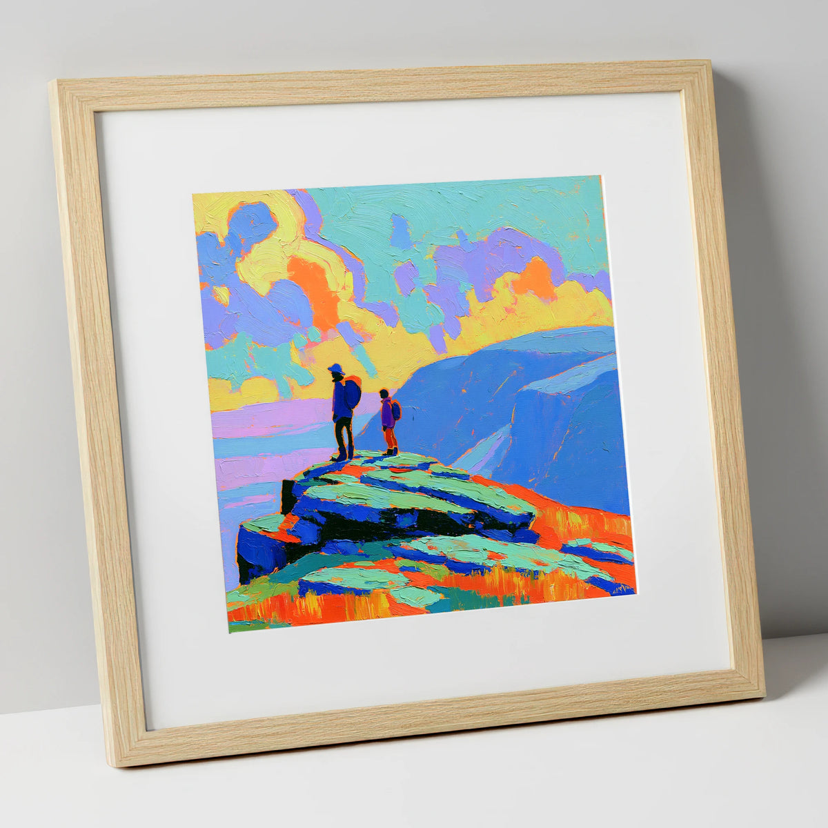 Hikers on a Vibrant Fell Summit lake district fell art print in natural frame