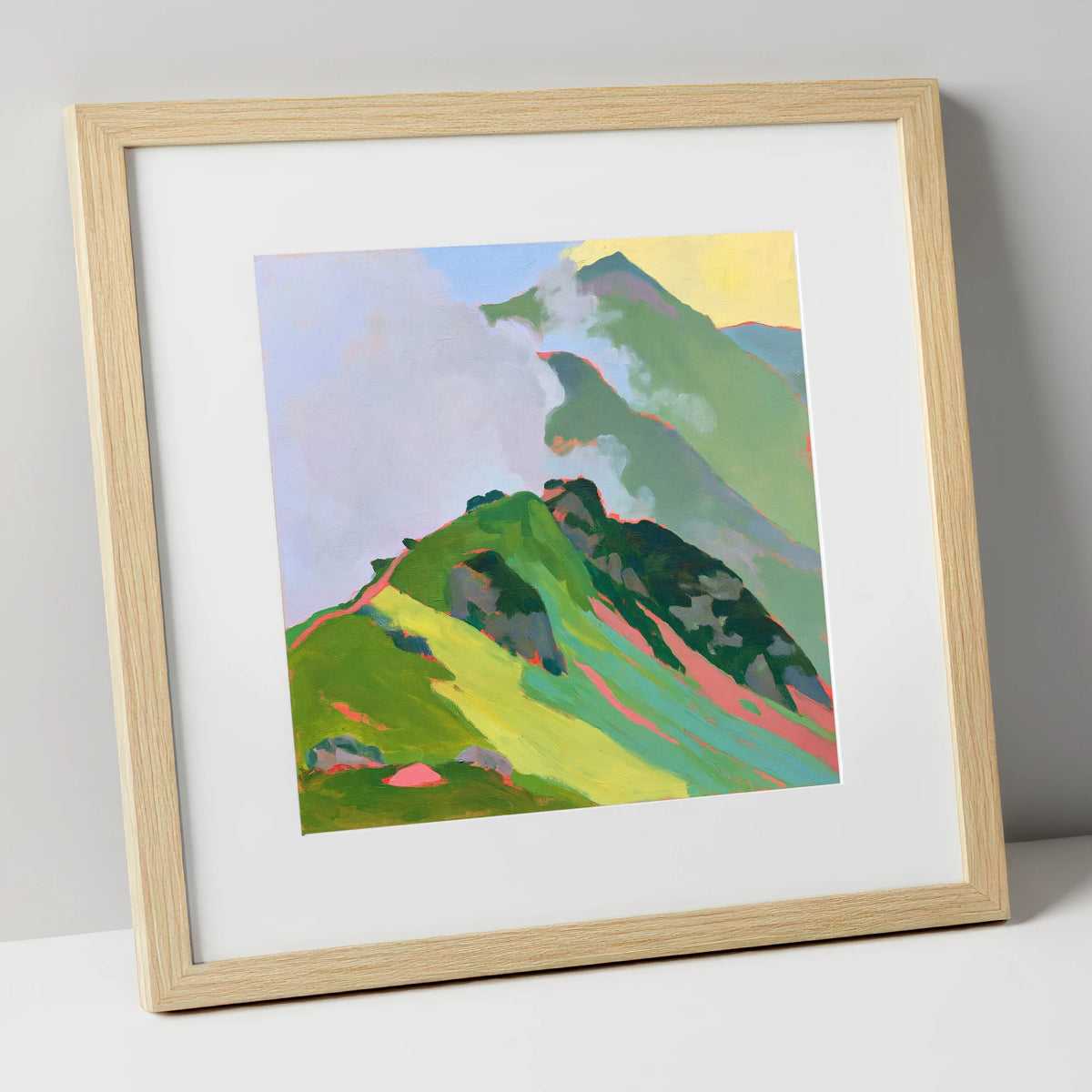 Vibrant Mountain Ridge in Mist lake district fell art print in natural frame