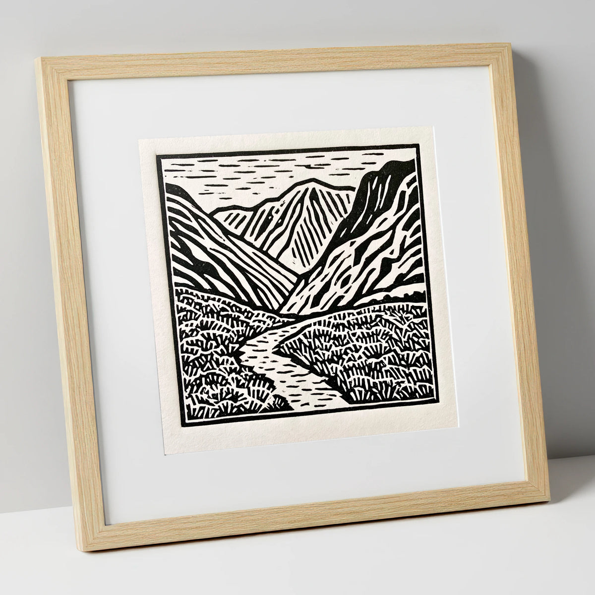 Monochrome Borrowdale Valley Fells lake district valley art print in natural frame