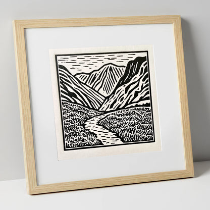 Monochrome Borrowdale Valley Fells lake district valley art print in natural frame