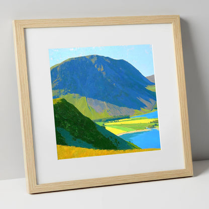 Grasmoor Over Sunlit Valley Fields lake district fell art print in natural frame
