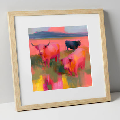 Pink Highland Cattle Grazing lake district wildlife art print in natural frame