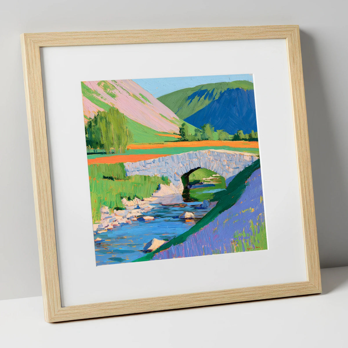 Vibrant Stone Bridge And Beck lake district waterfall art print in natural frame