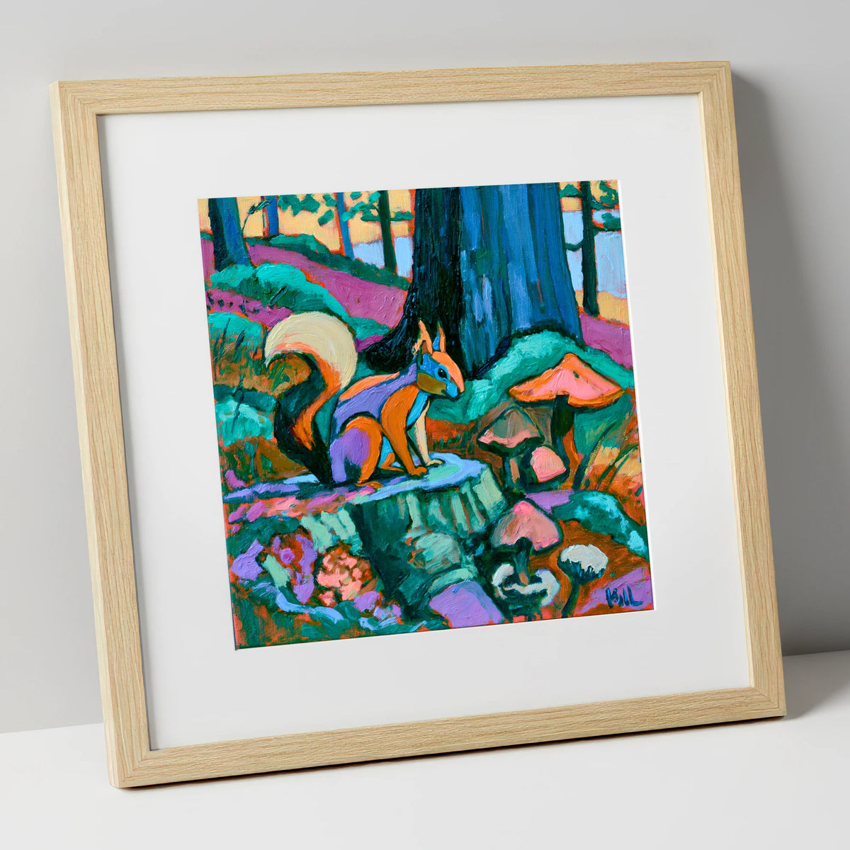 Red Squirrel in Vivid Woodland lake district wildlife art print in natural frame
