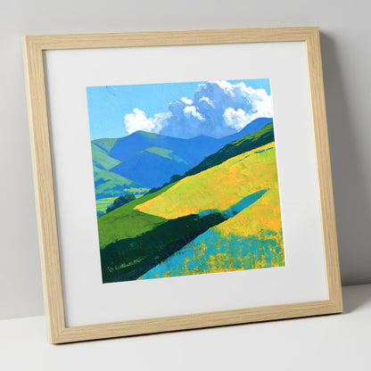 Sunlit Fells in Cerulean and Gold lake district fell art print in natural frame
