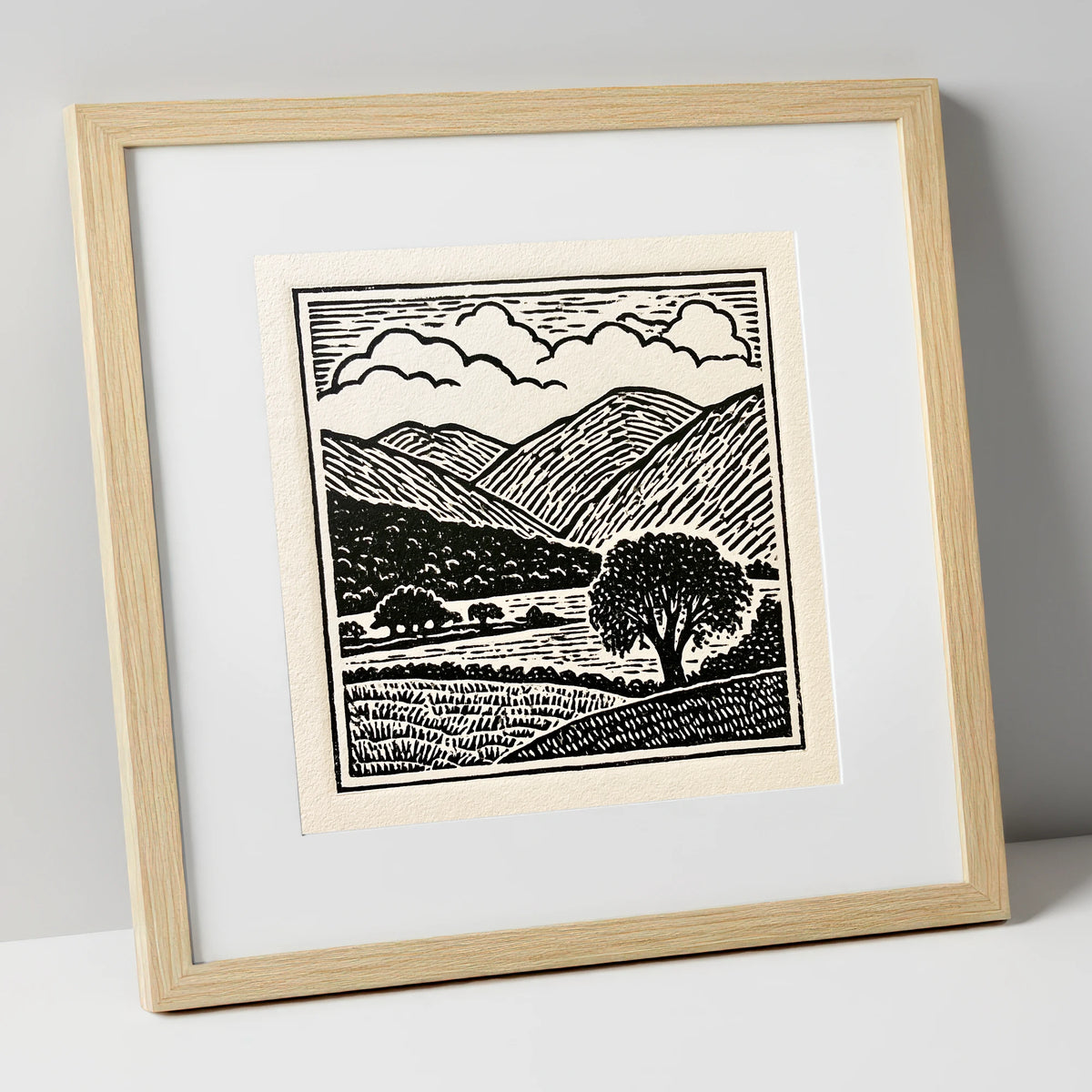 Borrowdale Fells In Striking Monochrome lake district valley art print in natural frame