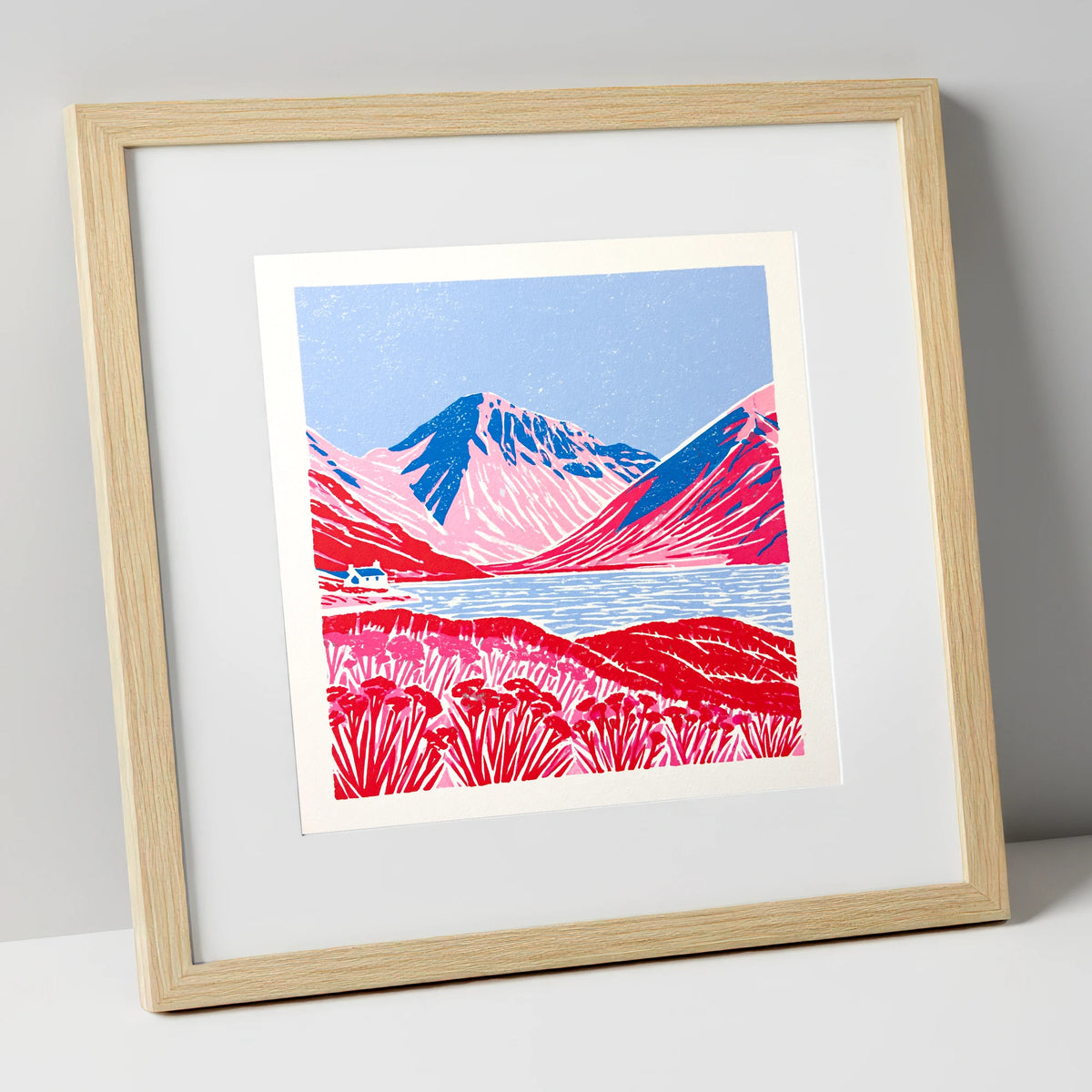 Vibrant Red Wasdale Fells lake district valley art print in natural frame
