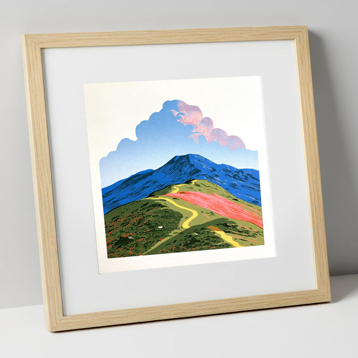 Yellow Path Over Rolling Fells lake district fell art print in natural frame