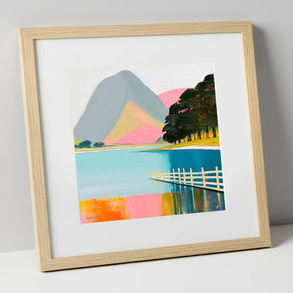 Vibrant Buttermere and White Fence lake district lake art print in natural frame