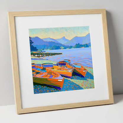 Vibrant Rowing Boats on Windermere lake district lake art print in natural frame