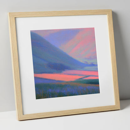 Pink Light on Dale Fields lake district valley art print in natural frame