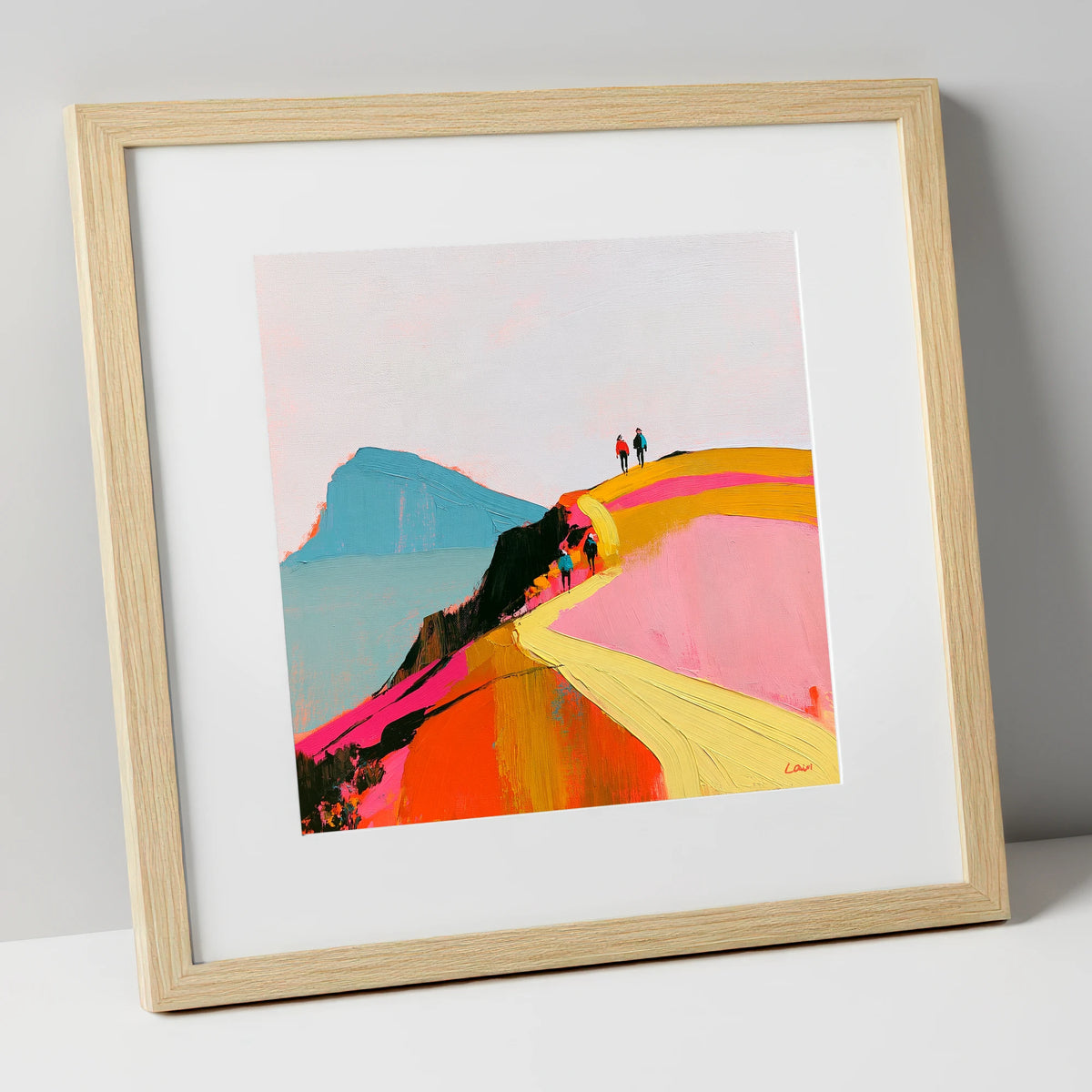 Walkers on a Vibrant Ridge lake district walking art print in natural frame