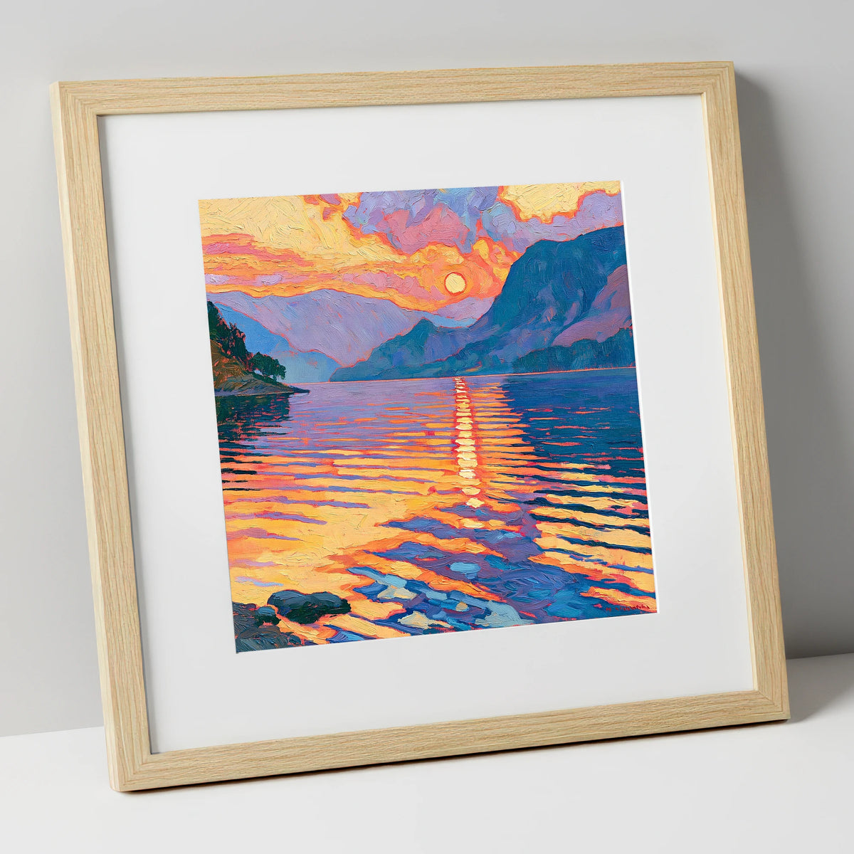 Golden Sunset Reflected on the Lake lake district lake art print in natural frame
