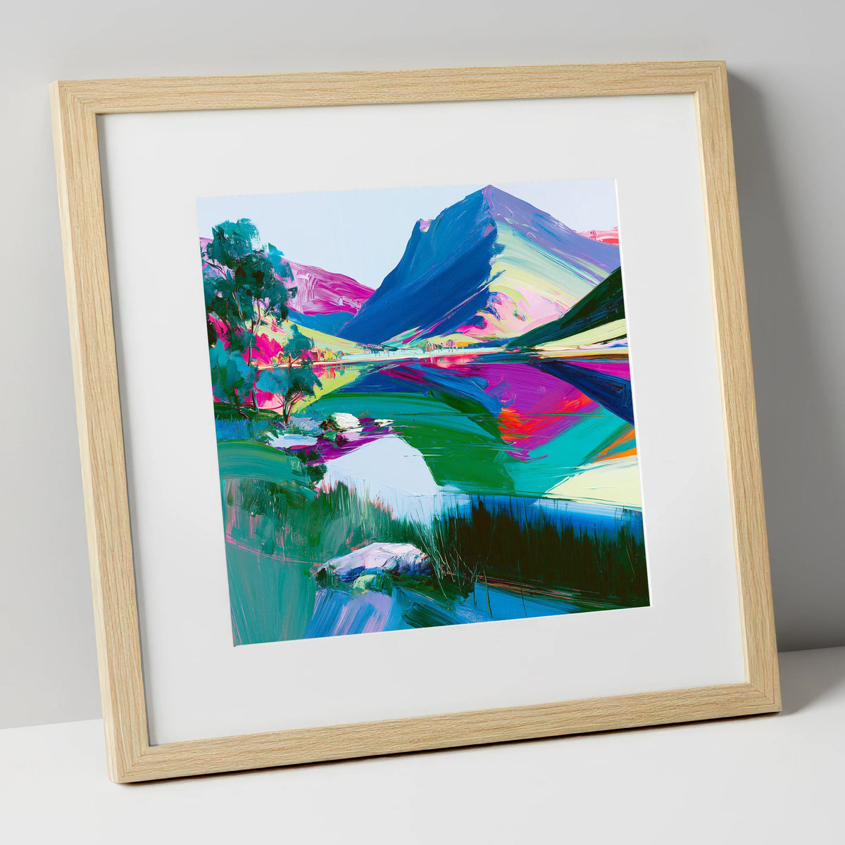 Vivid Lake District Mountain Reflection lake district fell art print in natural frame