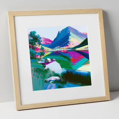 Vivid Lake District Mountain Reflection lake district fell art print in natural frame